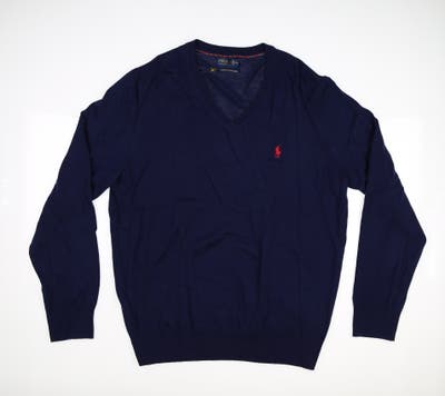 New Mens Ralph Lauren Washable Wool V-Neck Sweater Large L Navy Blue MSRP $178 781788195001