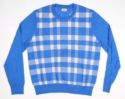 New Womens Tory Sport Merino Blanket Plaid Golf Sweater Large L Blue/White MSRP $298