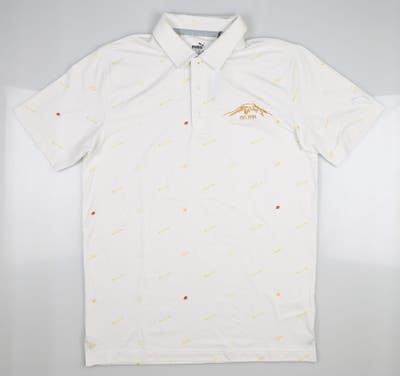New W/ Logo Mens Puma Cloudspun Love Golf Polo Small S Bright White/Mustard Seed MSRP $75