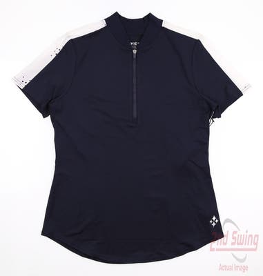 New Womens Jo Fit Short Sleeve Rib Mock Polo Small S Navy Blue MSRP $86 GT427-MLR