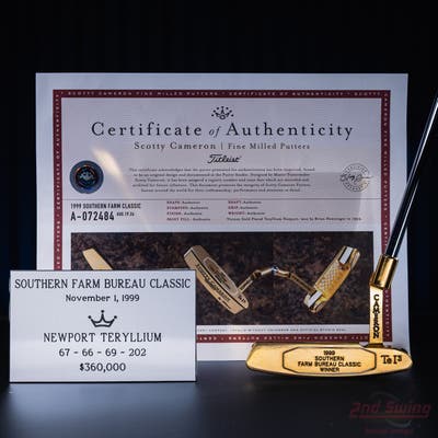 Mint Titleist Scotty Cameron Gold Plated Southern Farm Bureau Classic Brian Henninger Victory Putter Steel Right Handed w/ COA & Name Plate