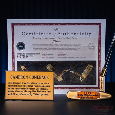 Hand Stamped Mint Titleist Scotty Cameron Gold Plated 1997 Greensboro Open Frank Nobilo Victory Putter Steel Right Handed w/ COA & Name Plate