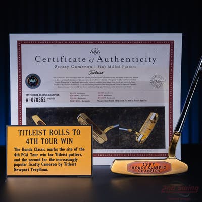 Hand Stamped Mint Titleist Scotty Cameron Gold Plated 1997 Honda Classic Stewart Appleby Victory Putter Steel Right Handed w/ COA & Name Plate