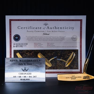 Mint Titleist Scotty Cameron Gold Plated Scott Hoch 2001 Advil Western Open Victory TOUR Putter Right Handed w/ COA & Name Plate