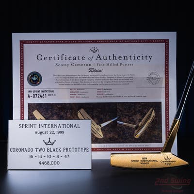 Mint Titleist Scotty Cameron Gold Plated David Toms 1999 Sprint Intl Championship Victory Putter Right Handed w/ COA & Name Plate