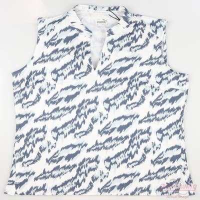 New Womens Puma Mattr Animal Sleeveless Polo Small S Bright White/Evening Sky MSRP $60