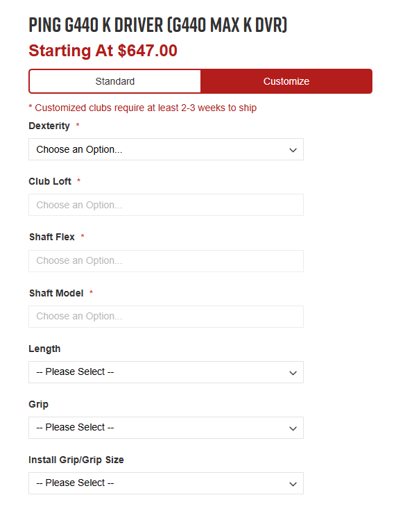 Screenshot of Customization UI on 2ndSwing.com